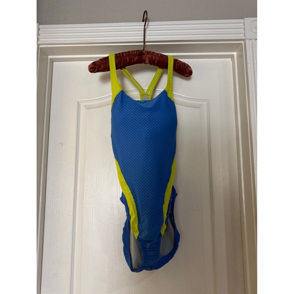 Speedo Swimsuit 1 Piece Creora Quantum Splice Jacquard Sevres Blue Yellow 14 NWT - Picture 2 of 12